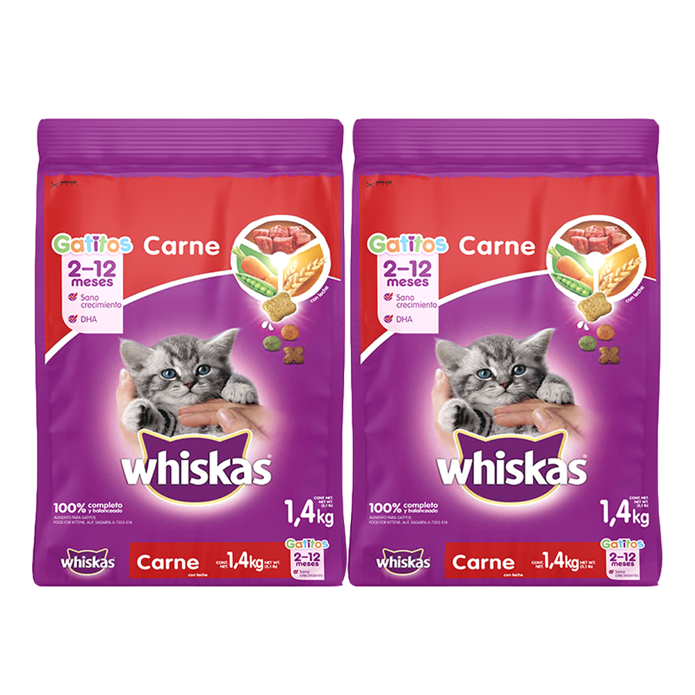 Combo Whiskas Alimento  Gato Adulto Carne X 2 Packs De 1,4 Kl