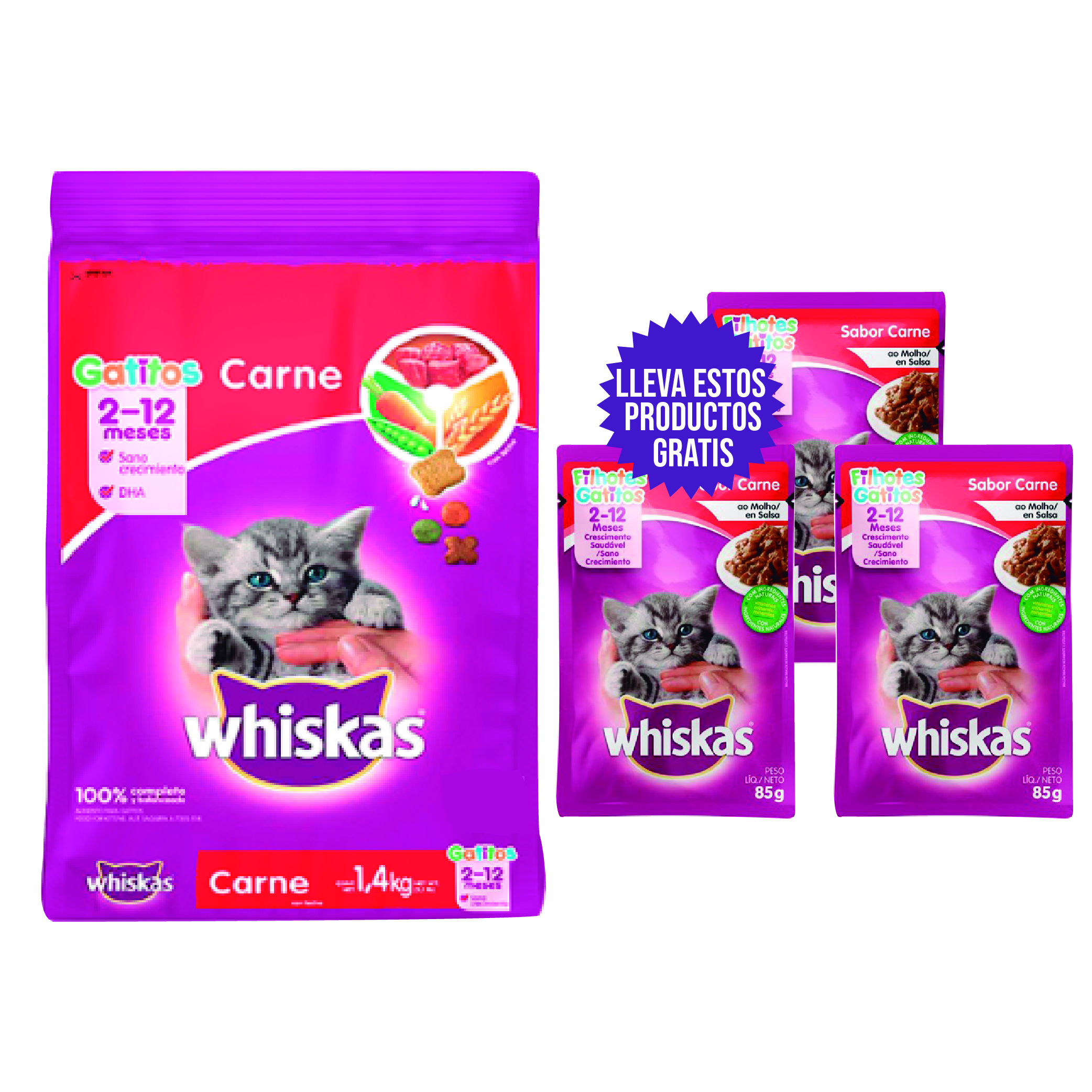 Combo Gatito Gift Pack Whiskas  Alimento 1.4 Kg Lleva Gratis  3 Pouches Carne