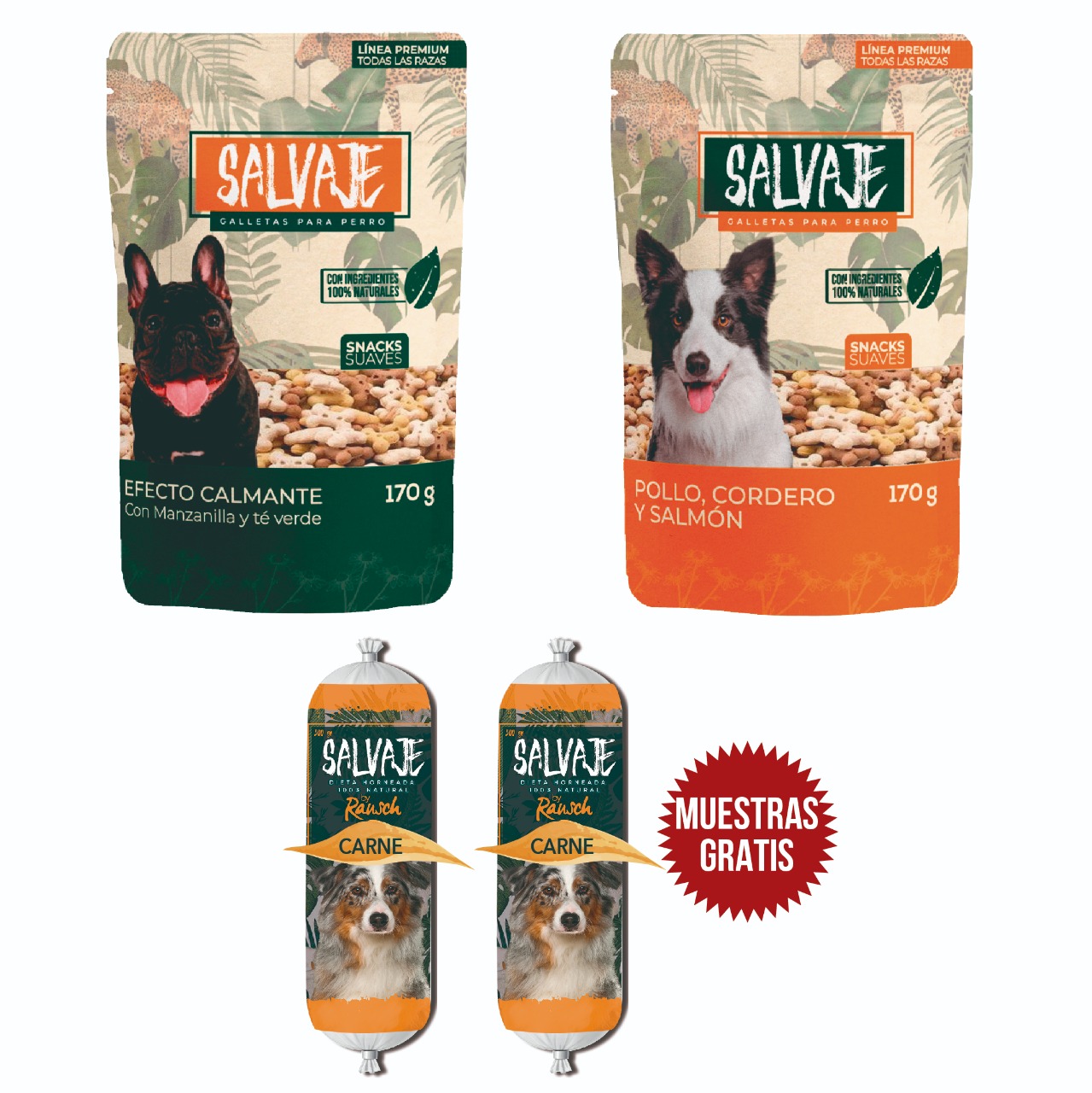 Combo Salvaje Snacks Efecto Calmante, Salvaje Snacks Pollo O Cordero Y Salmón Gratis 2 Salvaje Dieta Horneada Natural Carne