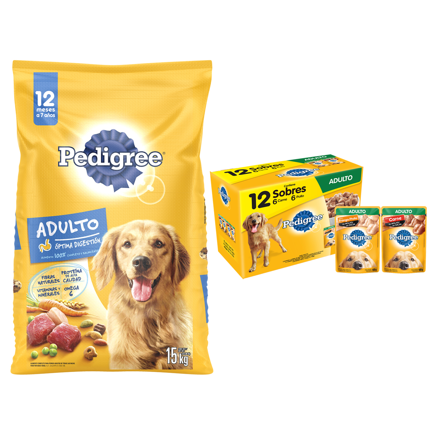 Combo Pedigree Comida Perro Adulto 15 Kg + 12 Sobres