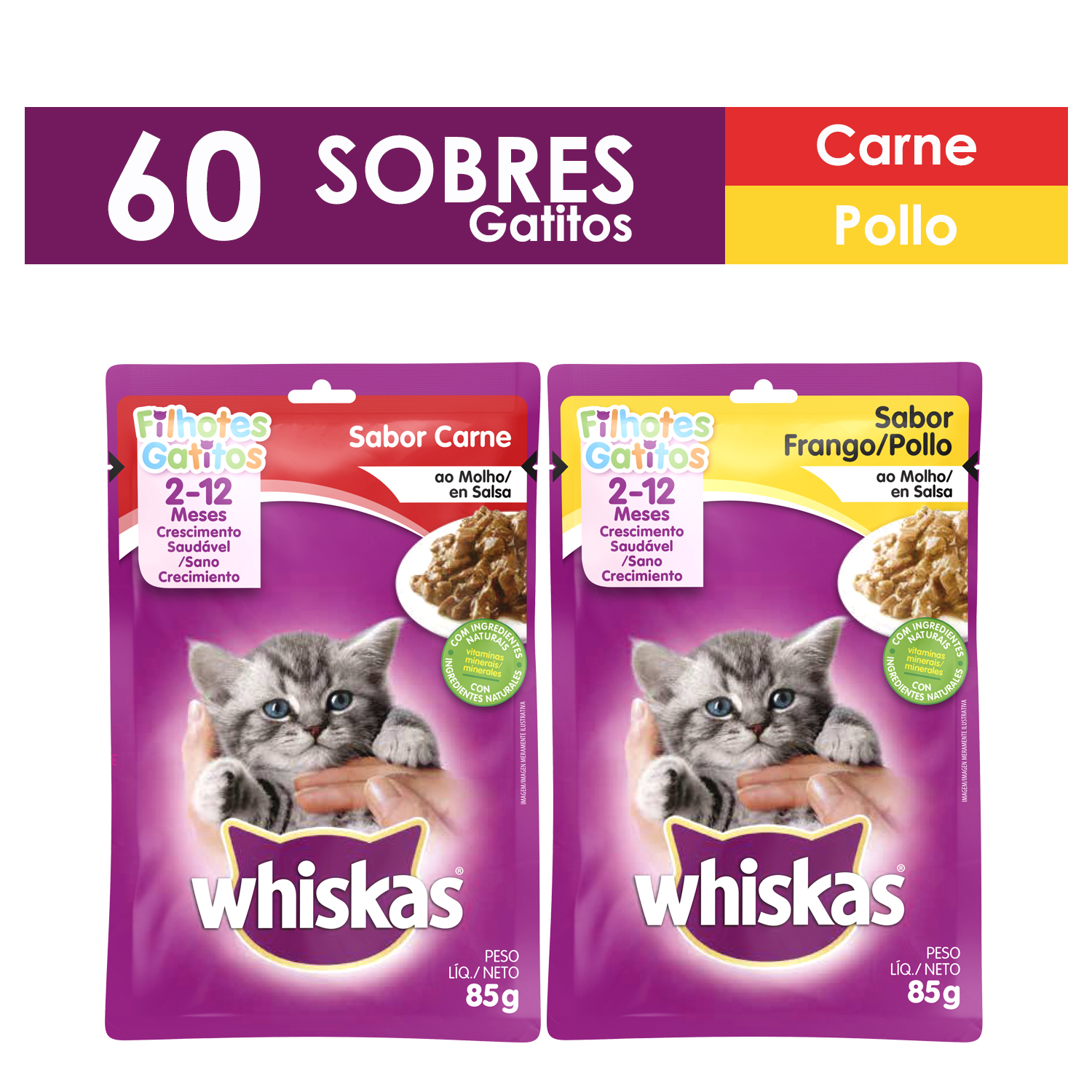 Whiskas Alimento Húmedo Gatitos X 60 Sobres Carne Y Pollo