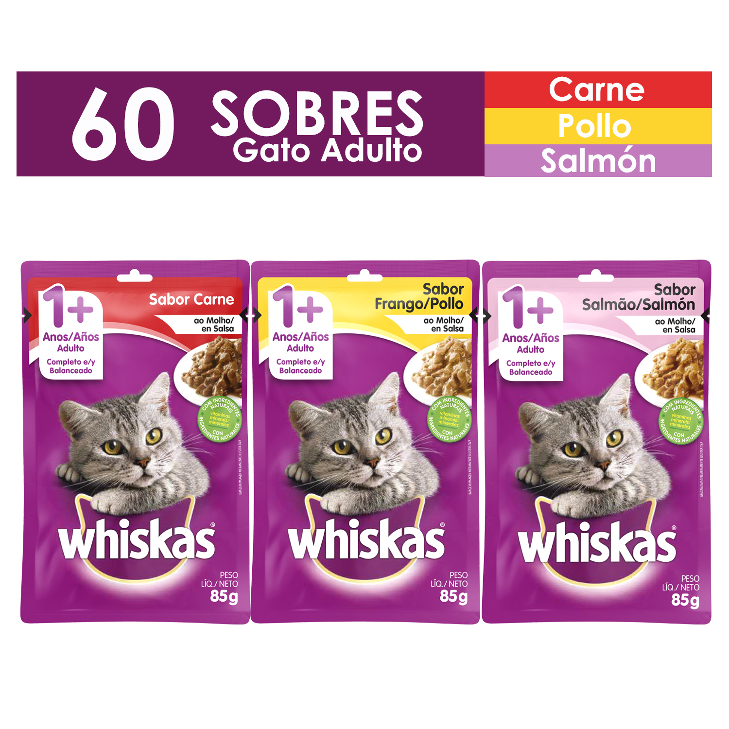 Whiskas Alimento Húmedo Gatos X 60 Sobres Carne, Pollo, Salmon