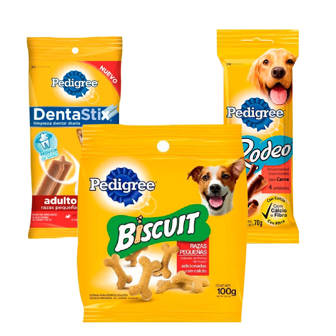 Combo Pedigree: Lleva 1 Pedigree Biscuit Razas Pequeñas + 1 Pedigree Dentastix De 3 Barras + 1 Pedigree Rodeo Adulto De Carne