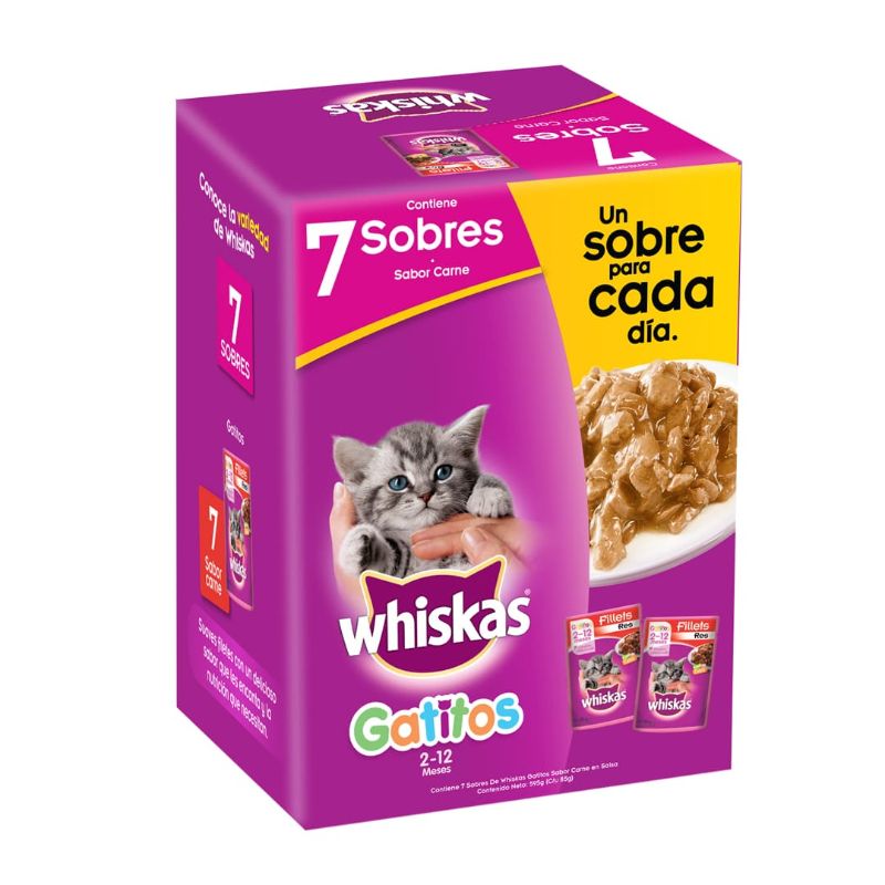 Whiskas - Alimento Húmedo Para Gatito Carne 7 sobres x 85g