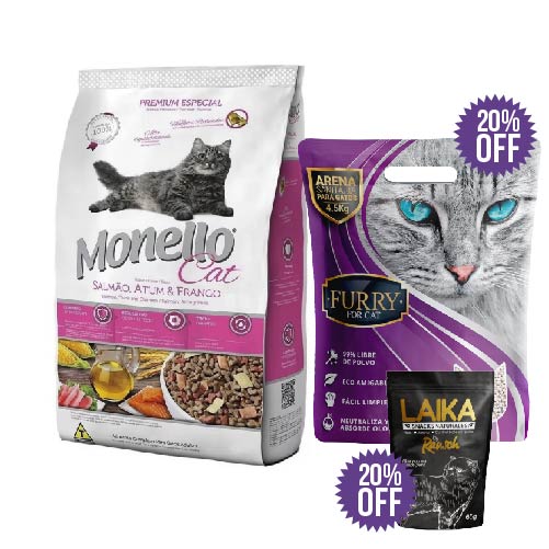 Combo Monello Cat Salmón Atún Y Pollo + Galletas Rausch  + Furry Arena