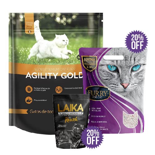 AGILITY GOLD GATOS 3 KG + GALLETAS RAUSCH  + FURRY ARENA