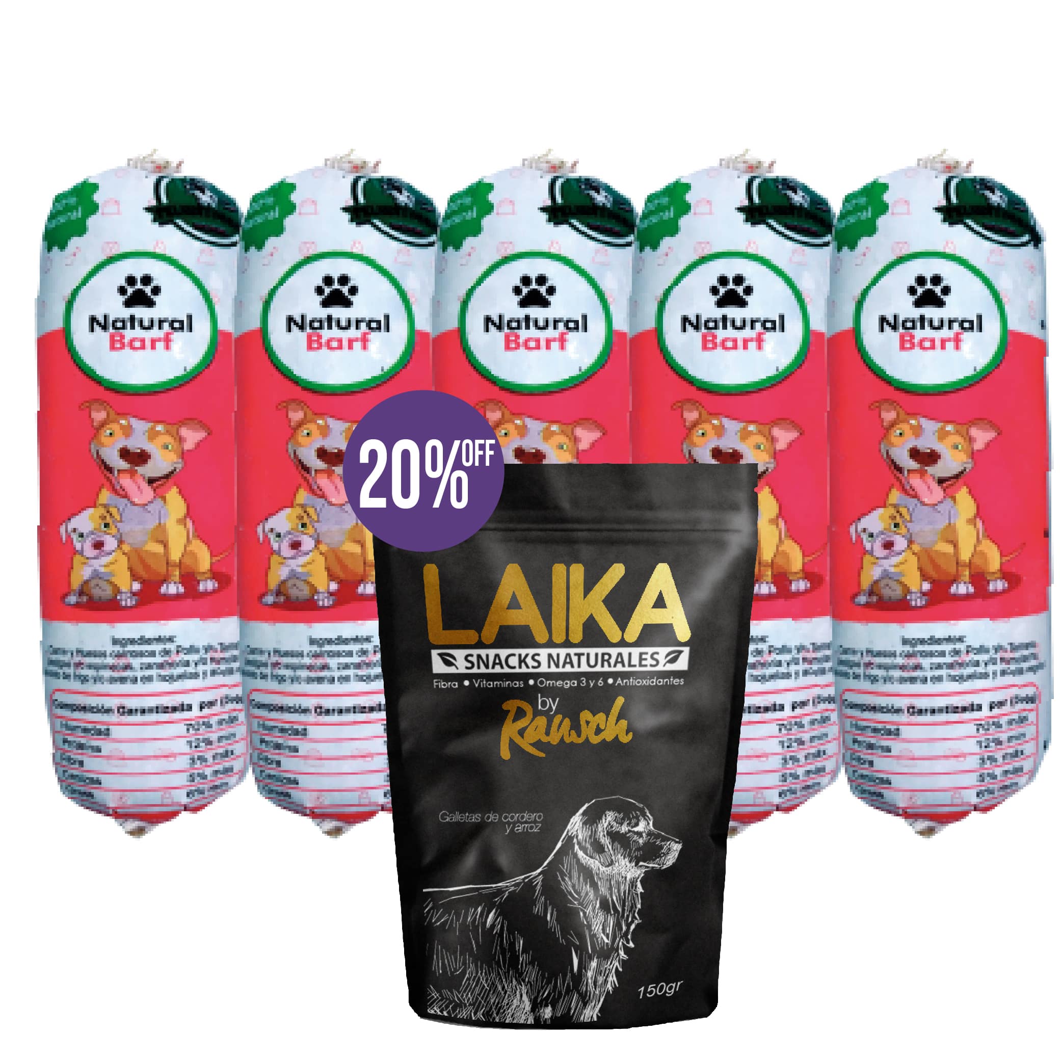 Combo 5 Peluditos Natural Barf 300 Gr + Galletas Rausch
