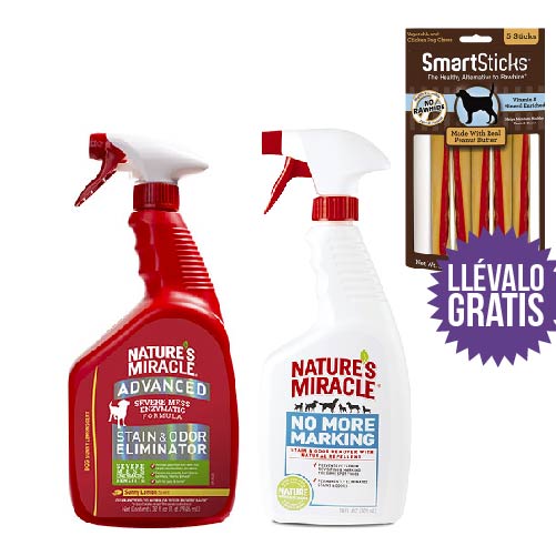 Nature'S Miracle - Combo No Más Marcas + Eliminador De Manchas Perros:  1 No Más Marcas + 1 Eliminador De Manchas Y Olores Perro +  Gratis Un Paquete De Smartsticks De Mantequilla De Maní