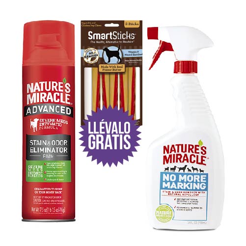 Nature'S Miracle - Combo Eliminador De Manchas-Olores Perro + No Más Marcas Espuma:  1 Eliminador De Manchas Y Olores En Espuma Para Perros + 1 No Más Marcas +  Gratis Un Paquete De Smartsticks De Mantequilla De Maní