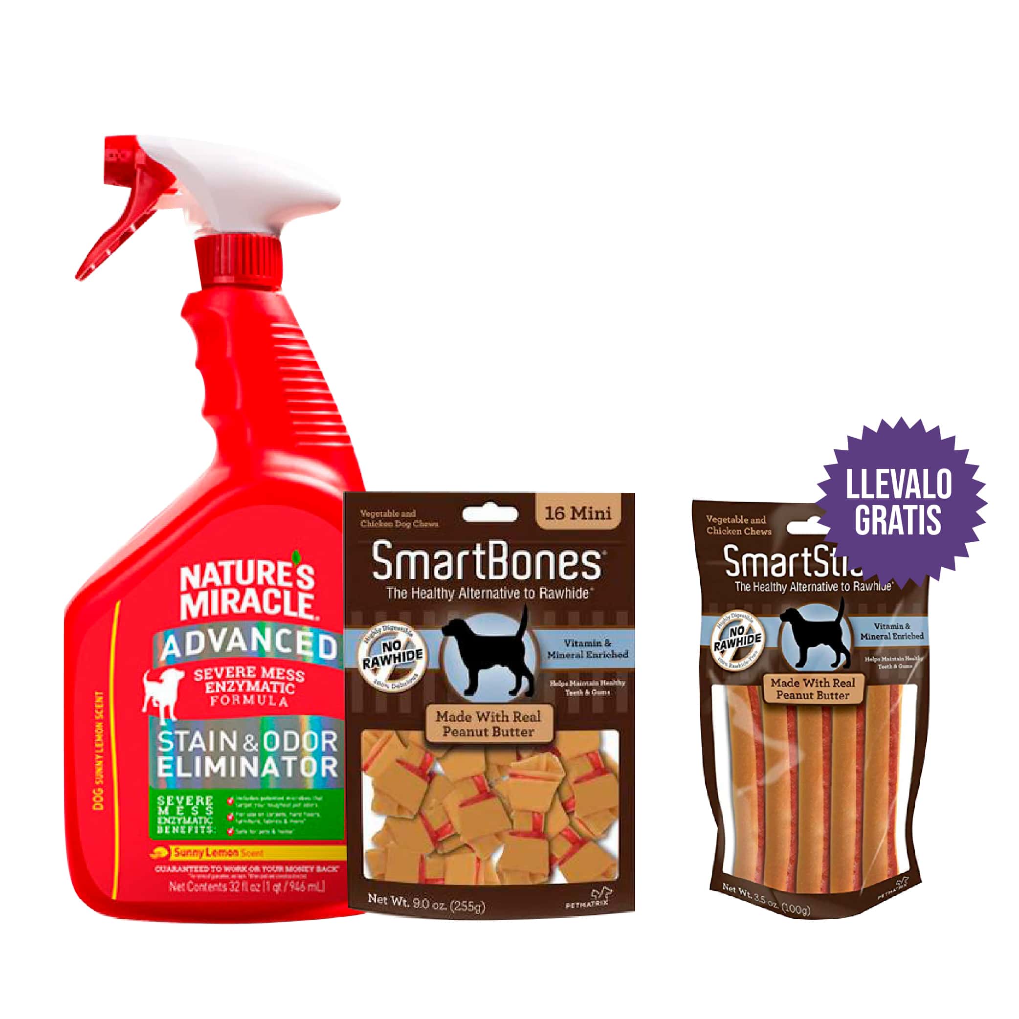 Nature'S Miracle - Combo Mini Mix Mantequilla De Maní:  1 Smartbones Mantequilla De Maní Mini + 1 Nature´S Miracle Eliminador De Manchas-Olores Líquido Para Perros +  Gratis Un Paquete De Smartsticks De Mantequilla De Maní
