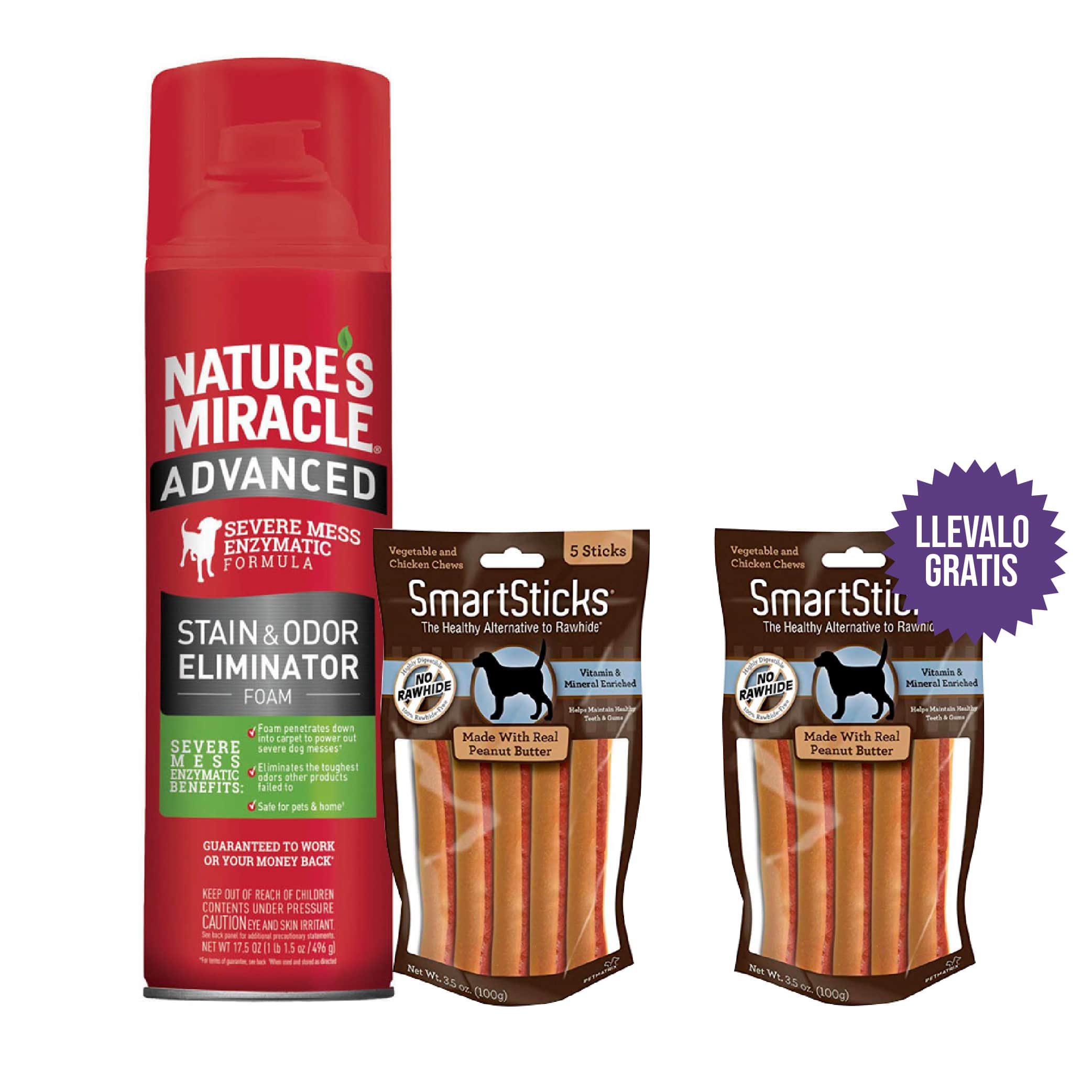 Nature'S Miracle - Combo Sticks Mix:  1 Eliminador De Manchas-Olores En Espuma Para Perro + 1 Smartsticks Mantequilla De Maní +  Gratis Un Paquete De Smartsticks De Mantequilla De Maní
