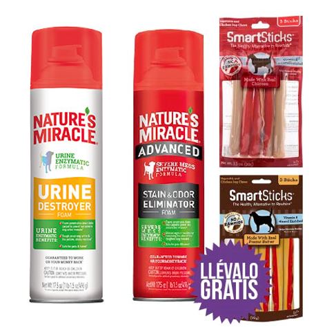Nature'S Miracle - Combo Destructor De Orina + Eliminador De Manchas Espumas Gatos:  1 Destructor De Orina Espuma Gato + 1 Removedor De Manchas Gato, Ambos En Espuma + Recibe 1 Kit Smartsticks Para Tu Otro Amigo Peludo
