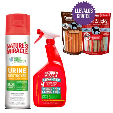Nature'S Miracle - Combo Eliminador De Manchas Y Olores Perro + Destructor De Orina:  1 Eliminador De Manchas Y Olores Líquido Para Perros + 1 Destructor De Orina Para Perro En Espuma +  Gratis Un Kit De Smartsticks De Mantequilla De Maní + Pollo