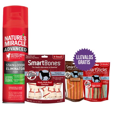 Nature'S Miracle - Combo Small Mix:  1 Eliminador De Manchas-Olores En Espuma Para Perro + 1 Smartbones Pollo Small +  Gratis Un Kit De Smartsticks De Mantequilla De Maní + Pollo