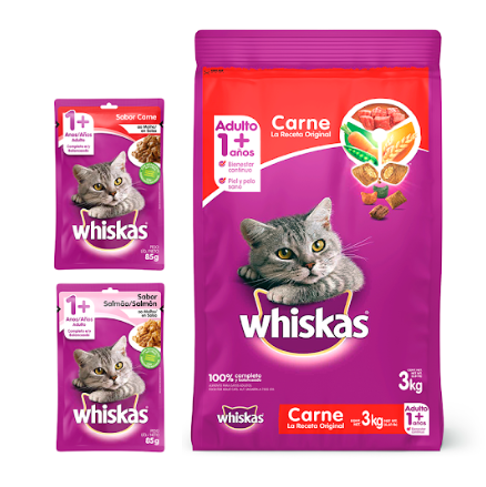 Combo Whiskas Alimento Gato Adulto Carne - 9 Kg + 2 Sobres Carne Y Pollo