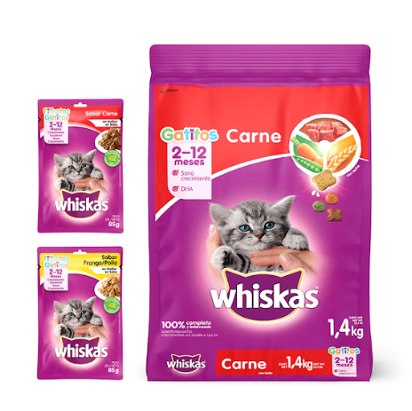 Combo Whiskas Alimento  Gatito Carne + 2 Pouch